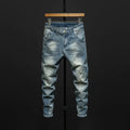 Men's slim-fit skinny jeans in dark blue denim fabric with a mid-rise waist