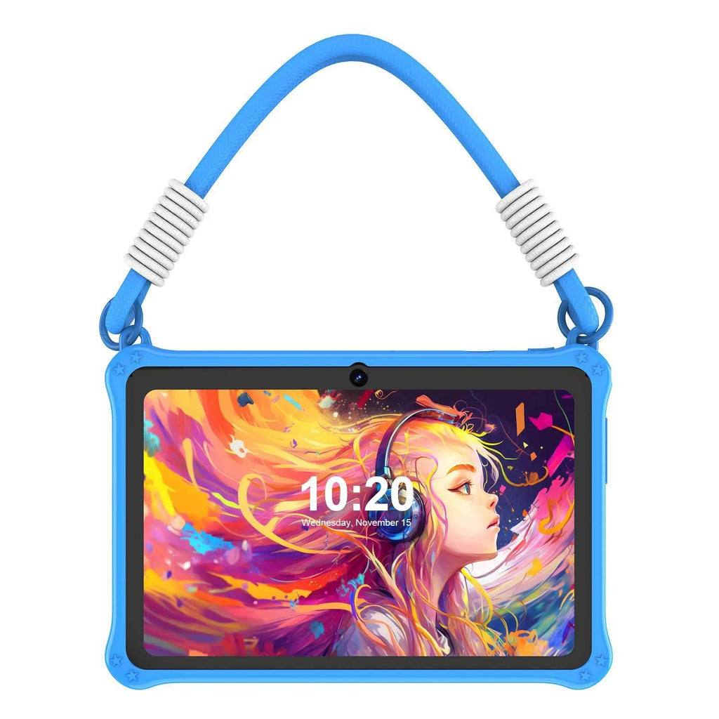 7-inch children's tablet silicone protective case in dark pink and sapphire blue colours with flat strap