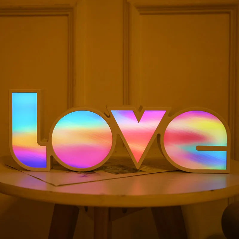 LED decorative light with rainbow lampshade displaying LOVE lettering for Valentine's Day decoration