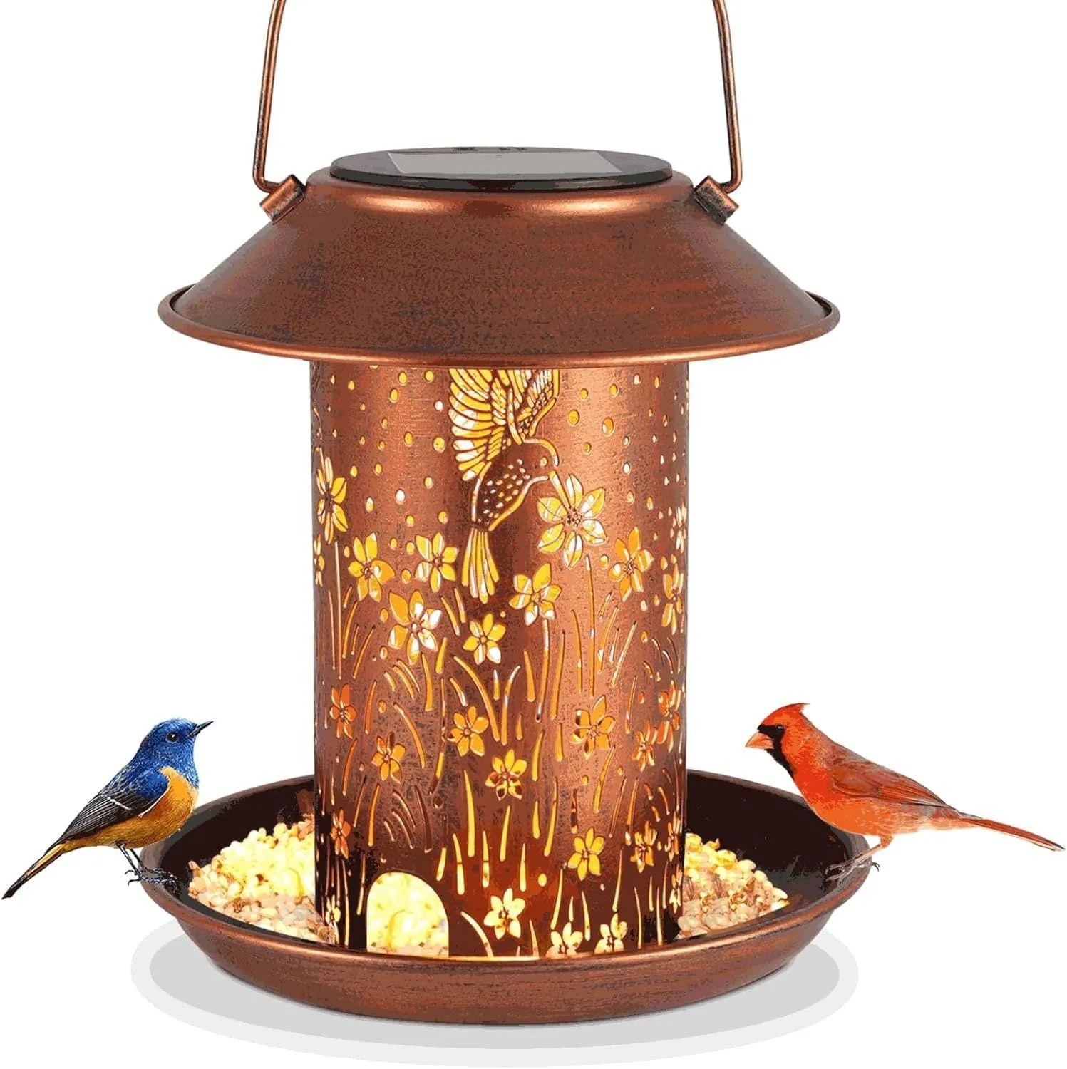 Solar-powered iron art hummingbird bird feeder with waterproof finish for outdoor gardens.