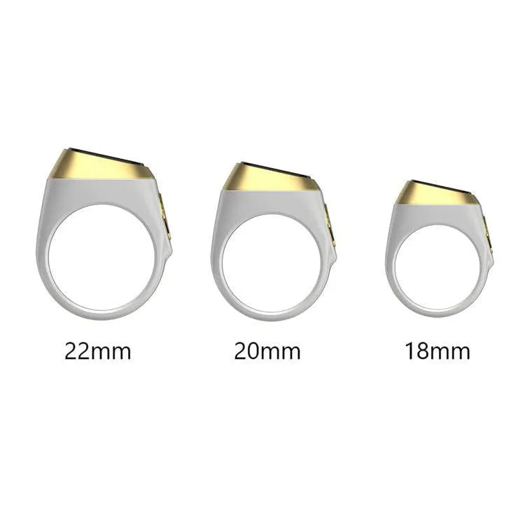 Zikr1 smart ring with OLED display showing Tasbih count, available in multiple colours and sizes