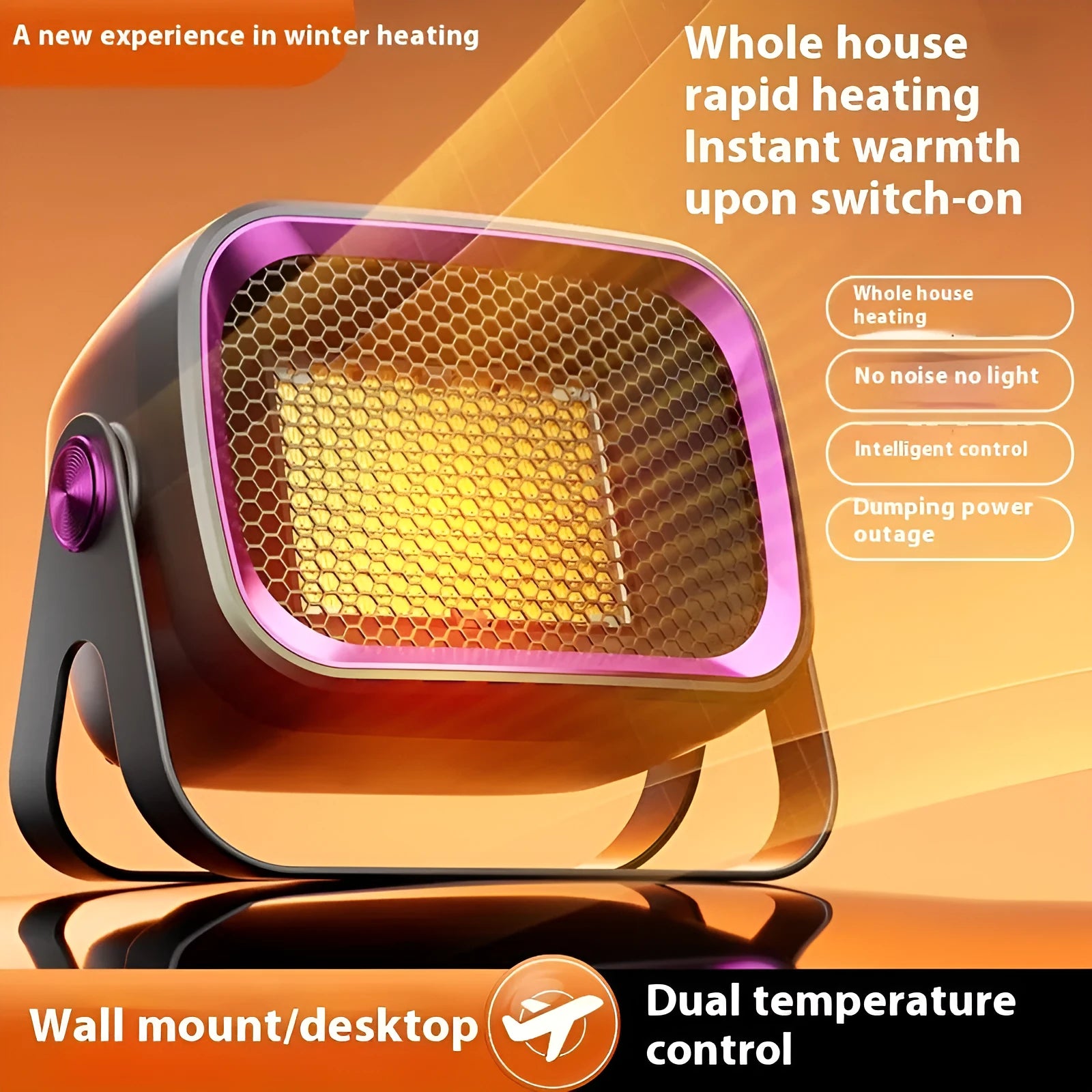 Compact desktop PTC ceramic heater in grey colour with control buttons and air vent