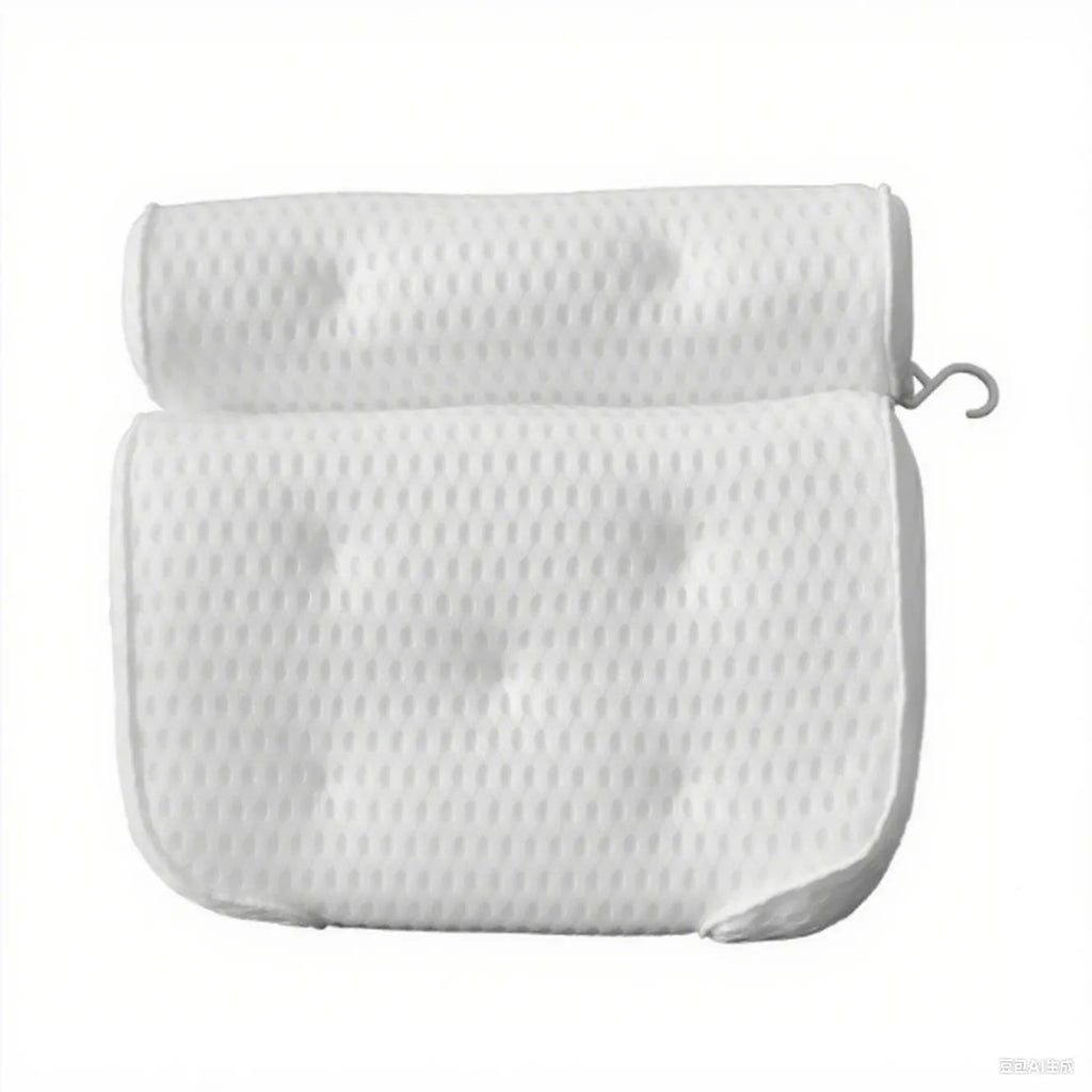 White 3D mesh bathtub pillow with multiple suction cups, shown on a bathtub.