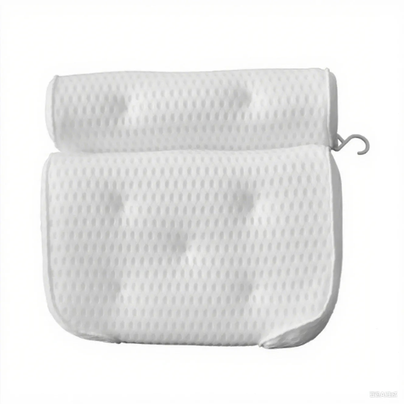White 3D mesh bathtub pillow with multiple suction cups, shown on a bathtub.