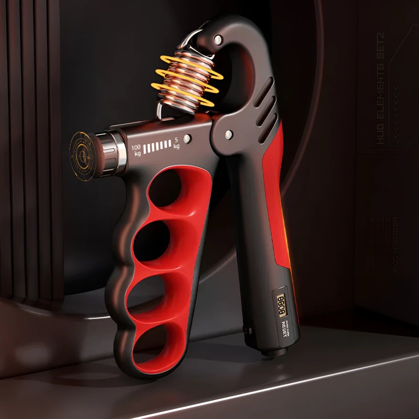 Electronic counter spring grip with adjustable resistance in grey, orange and red colour options
