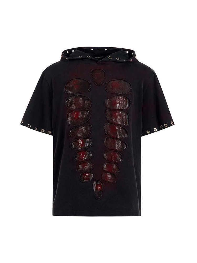 Black men's loose-fit hooded T-shirt with short sleeves and sequin decoration.