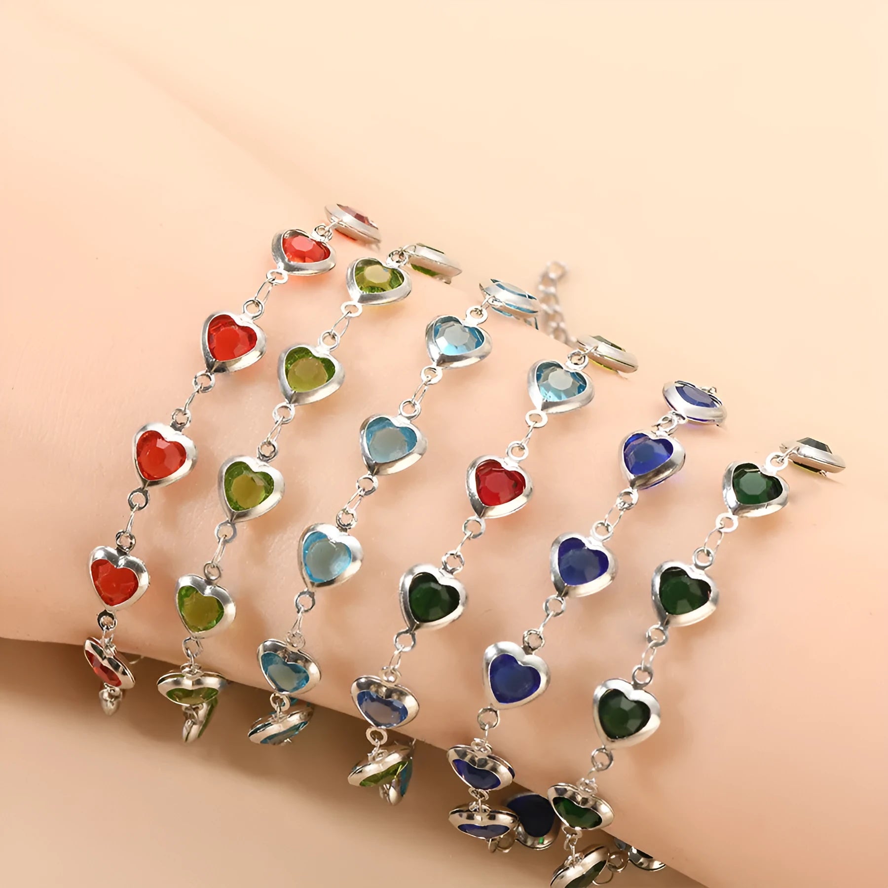 Geometric heart-shaped stainless steel bracelet with electroplated colourful finish on wrist