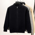Men's grey stand collar knitted zip cardigan in a loose, thickened fit.