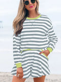 Women's black stripe cotton blouse and shorts set with contrast ribbed banding