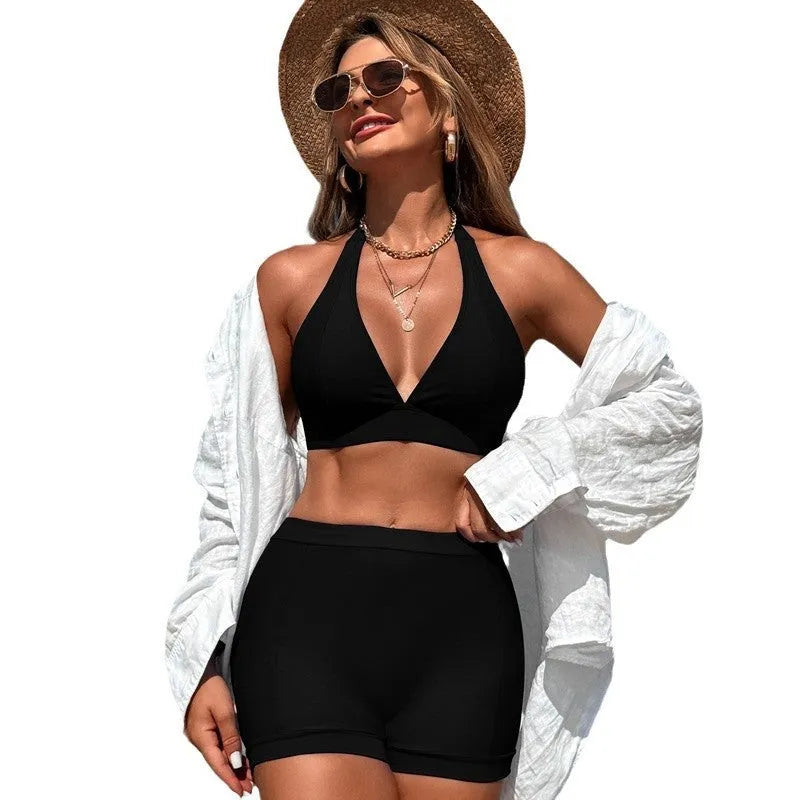Women's split bikini swimsuit in nylon fabric with sleeveless design for swimming and hot springs
