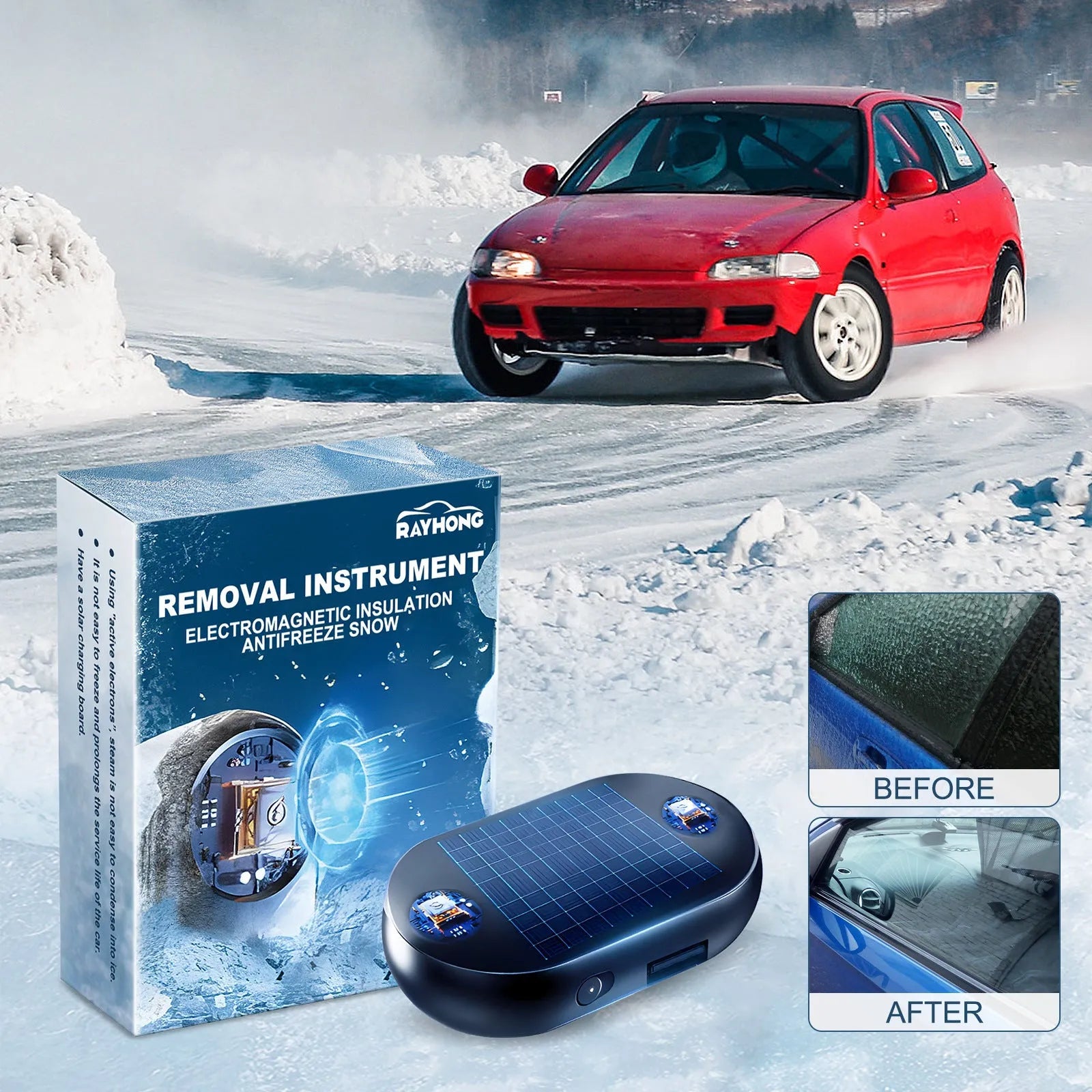 Portable anti-freezing tool for car windshield and rearview mirror, compact size 5x2.6x1.5cm, with double-sided tape base