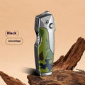 Zinc alloy metal folding lighter with integrated knife in a selection of colour and texture finishes.
