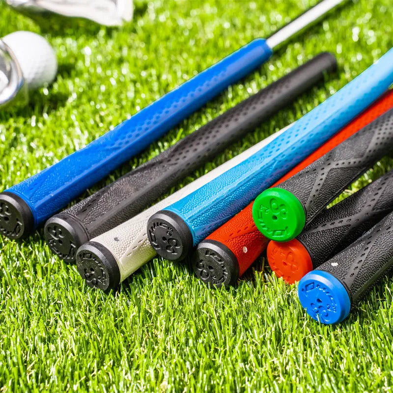 TPE material golf club grip shown in various colours including pink, blue, and black with coloured heads.