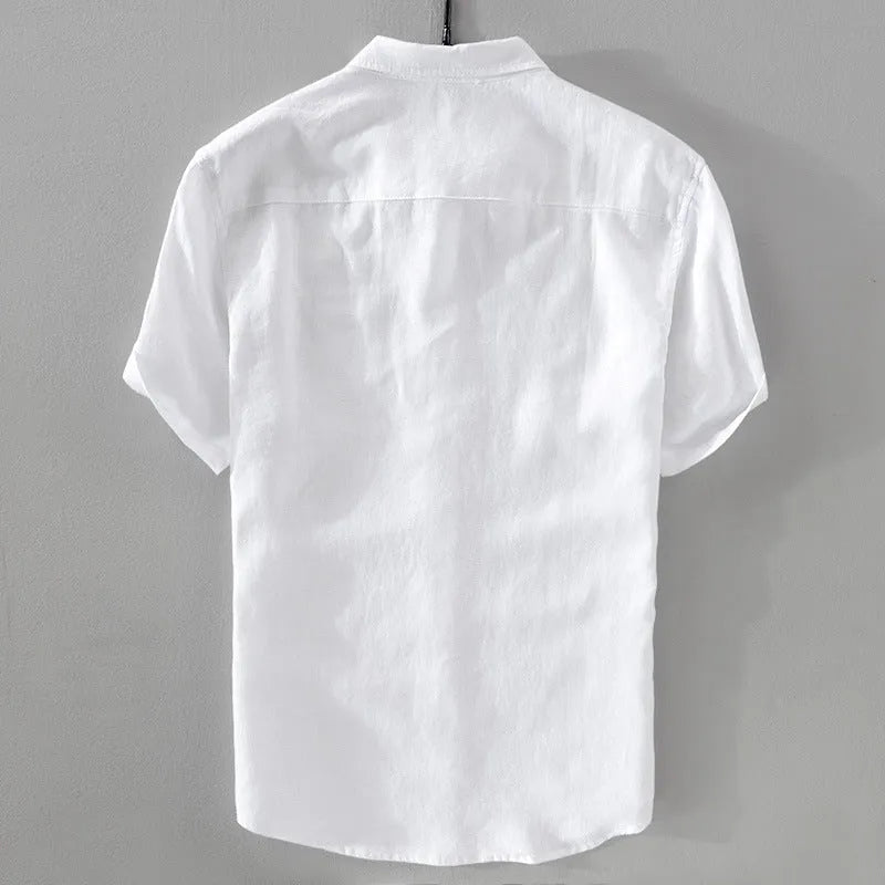Men's solid colour short sleeve linen blend shirt in loose fit, shown in apricot colour.