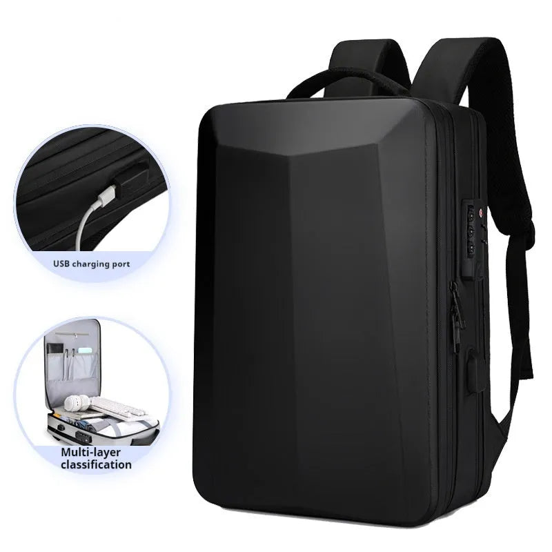 Men's waterproof business backpack with curved shoulder strap in black and silver white colours