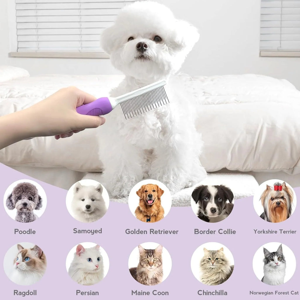 Purple pet detangling comb with stainless steel teeth for grooming cats and dogs