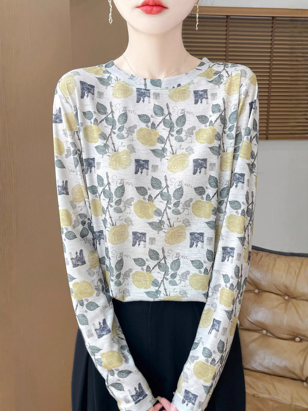 Round neck Tencel Cotton pullover shirt with floral printed design in regular sleeve style