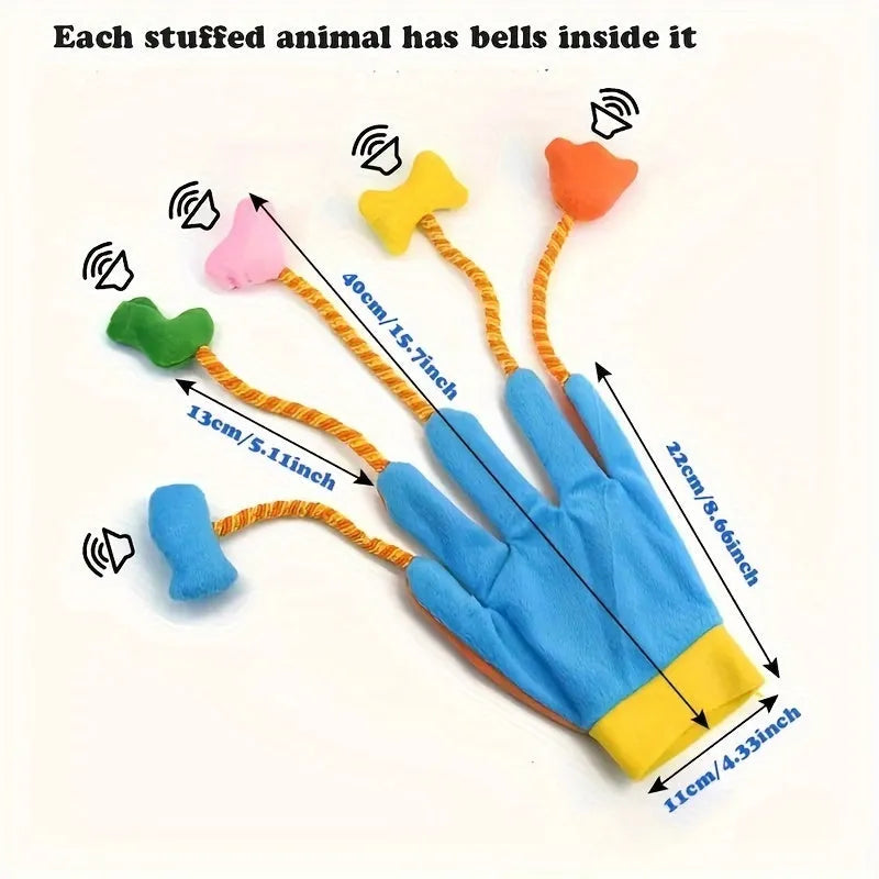 Yellow and blue plush Magic Glove cat toy with trailing tail and integrated bell