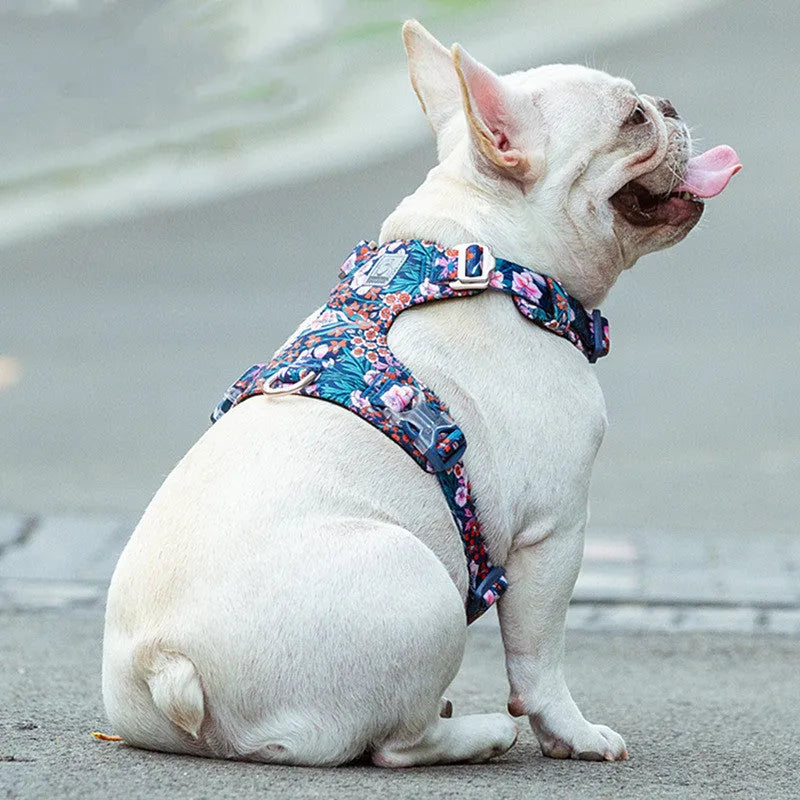 Pure cotton pet chest harness with pull-resistant strap in floral pattern