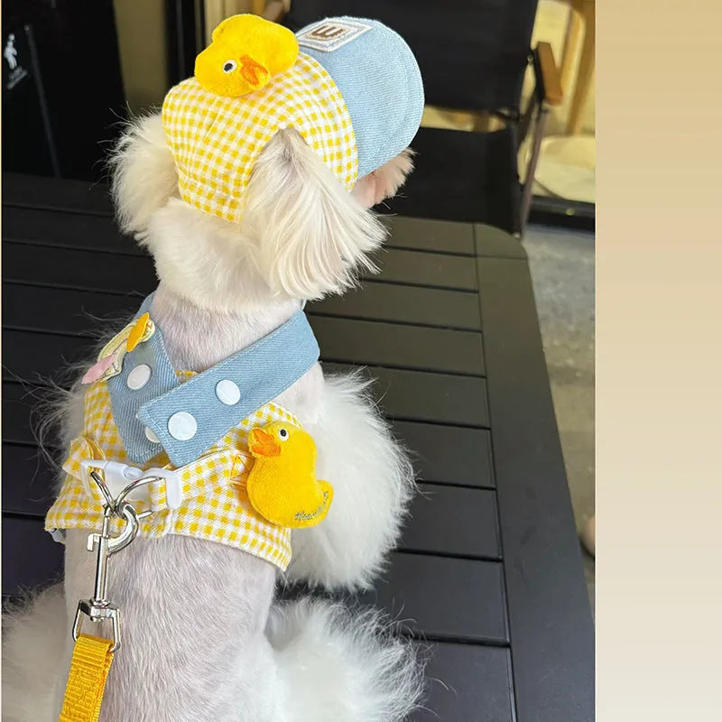 Pet harness and leash set with wire pulling rope and cute hat for dogs and cats