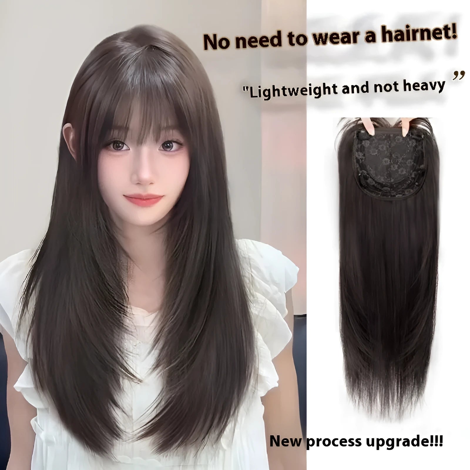 Women's full-head wear-free wig with long straight high layered black synthetic hair