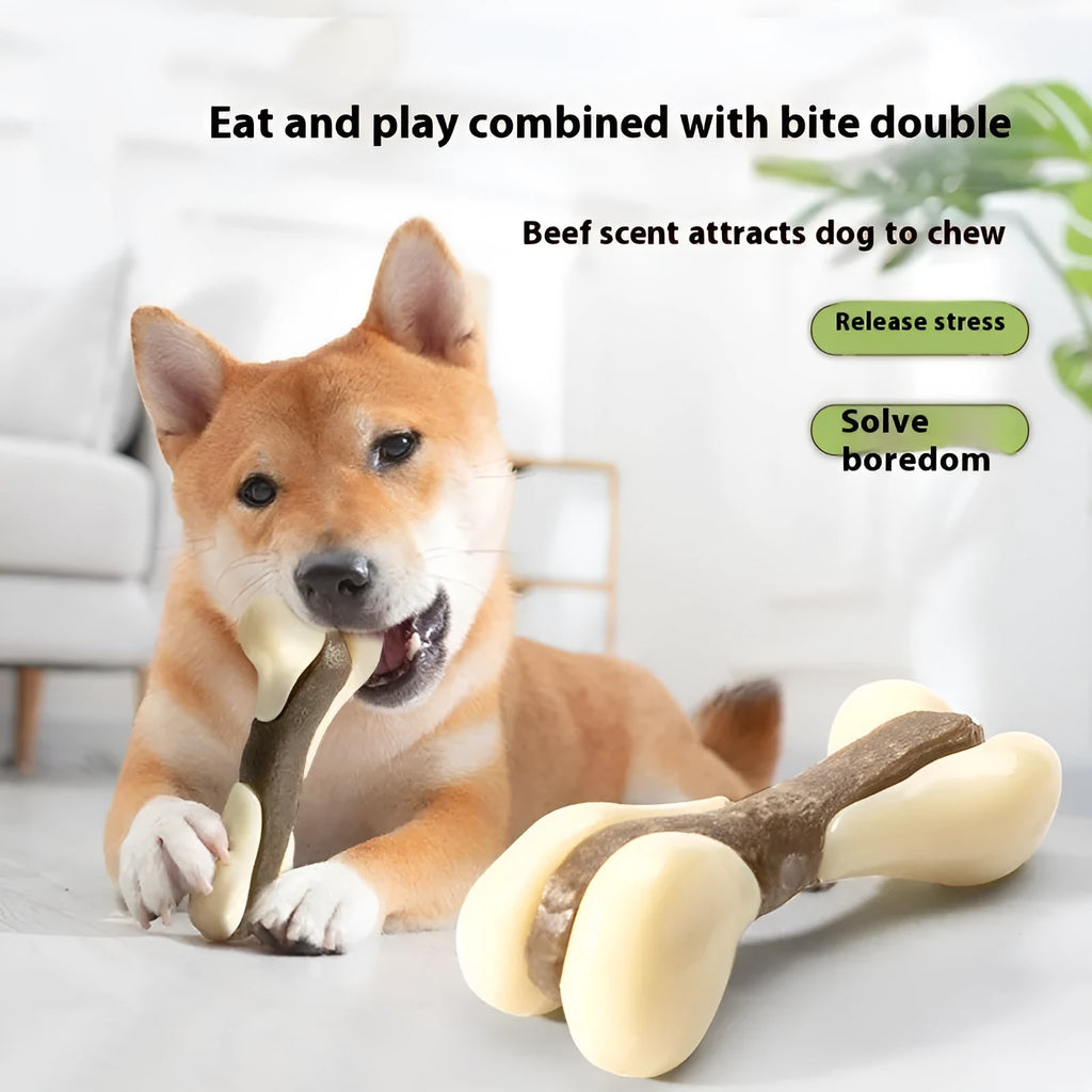 Dog bone grinding rod chew toy in two sizes with cowhide nylon construction