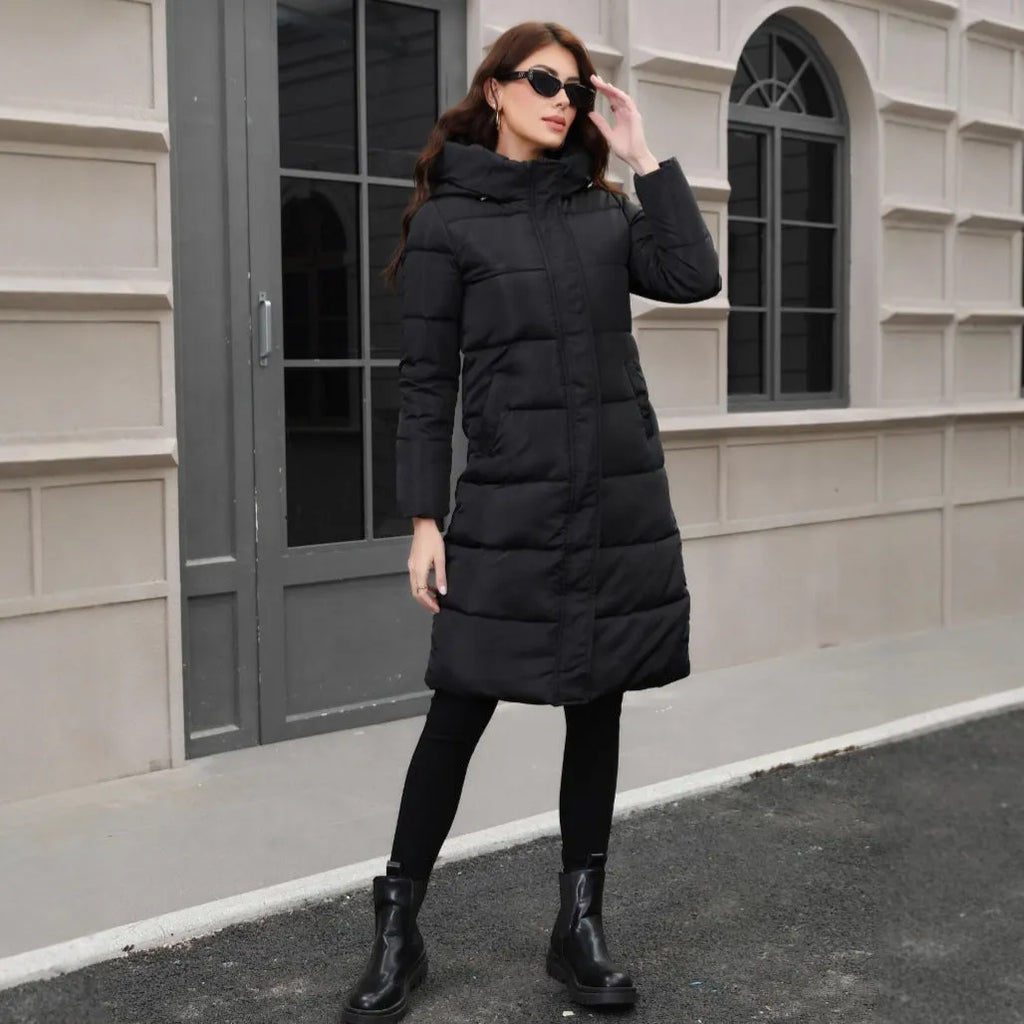 Black slim fit men's hooded jacket with long sleeves and cold-resistant thickened design.