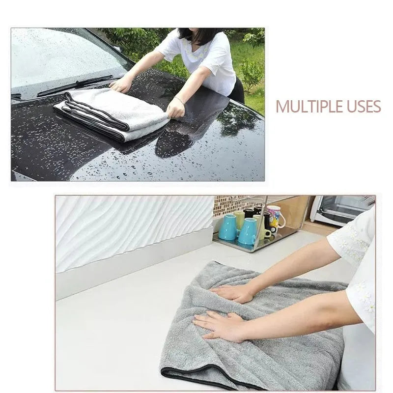 Microfibre car wash towel showing 75x35cm, 60x40cm and 100x40cm size options for vehicle cleaning
