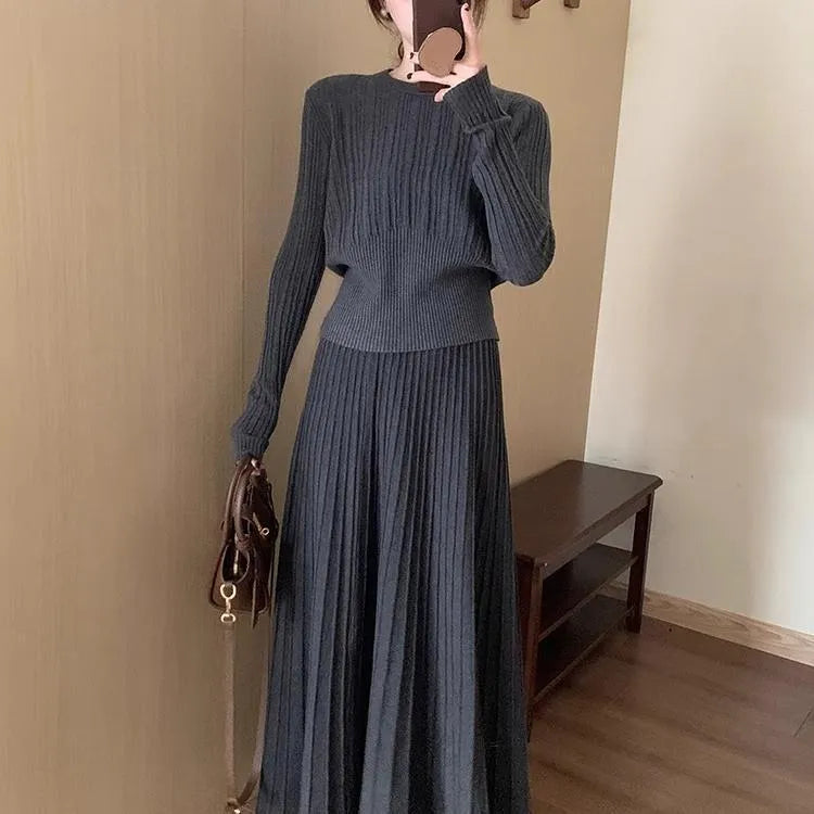 Women's dark grey knitted dress suit two-piece set with ethnic style patterns and free size fit
