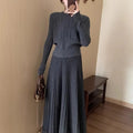 Women's dark grey knitted dress suit two-piece set with ethnic style patterns and free size fit