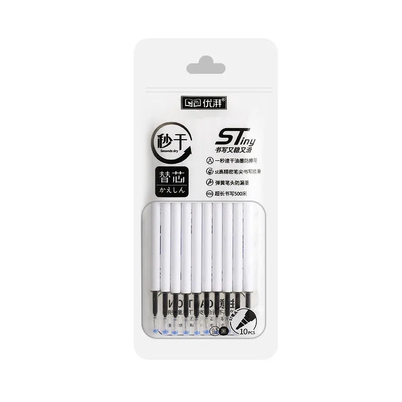 Pack of 10 quick-drying ballpoint pen refills in black, red, blue, and ink blue colours.