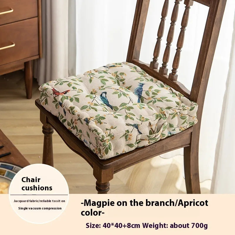American style square dining chair cushion in apricot colour with floral bird pattern, showing 8cm thickness.