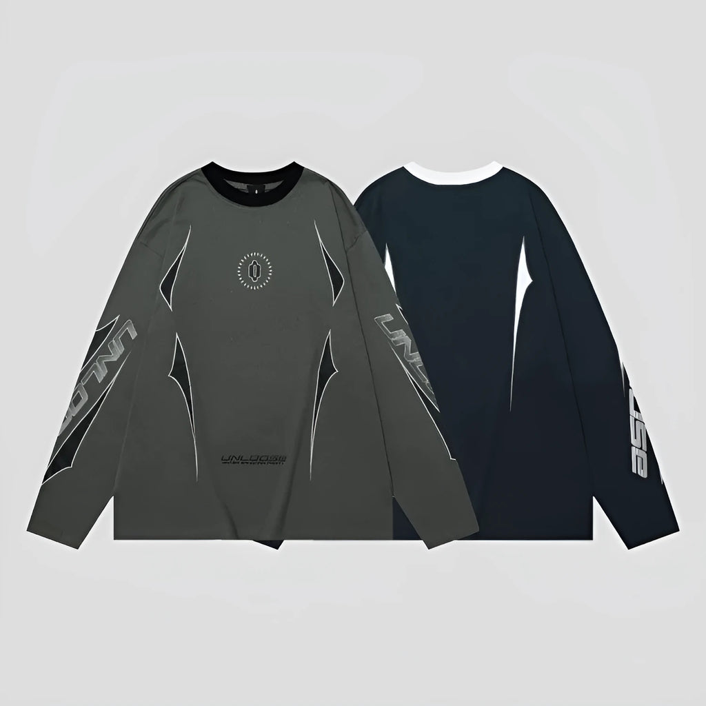 Grey khaki women's cotton pullover sweater with loose fit, drop shoulders, long sleeves, and a letter pattern.