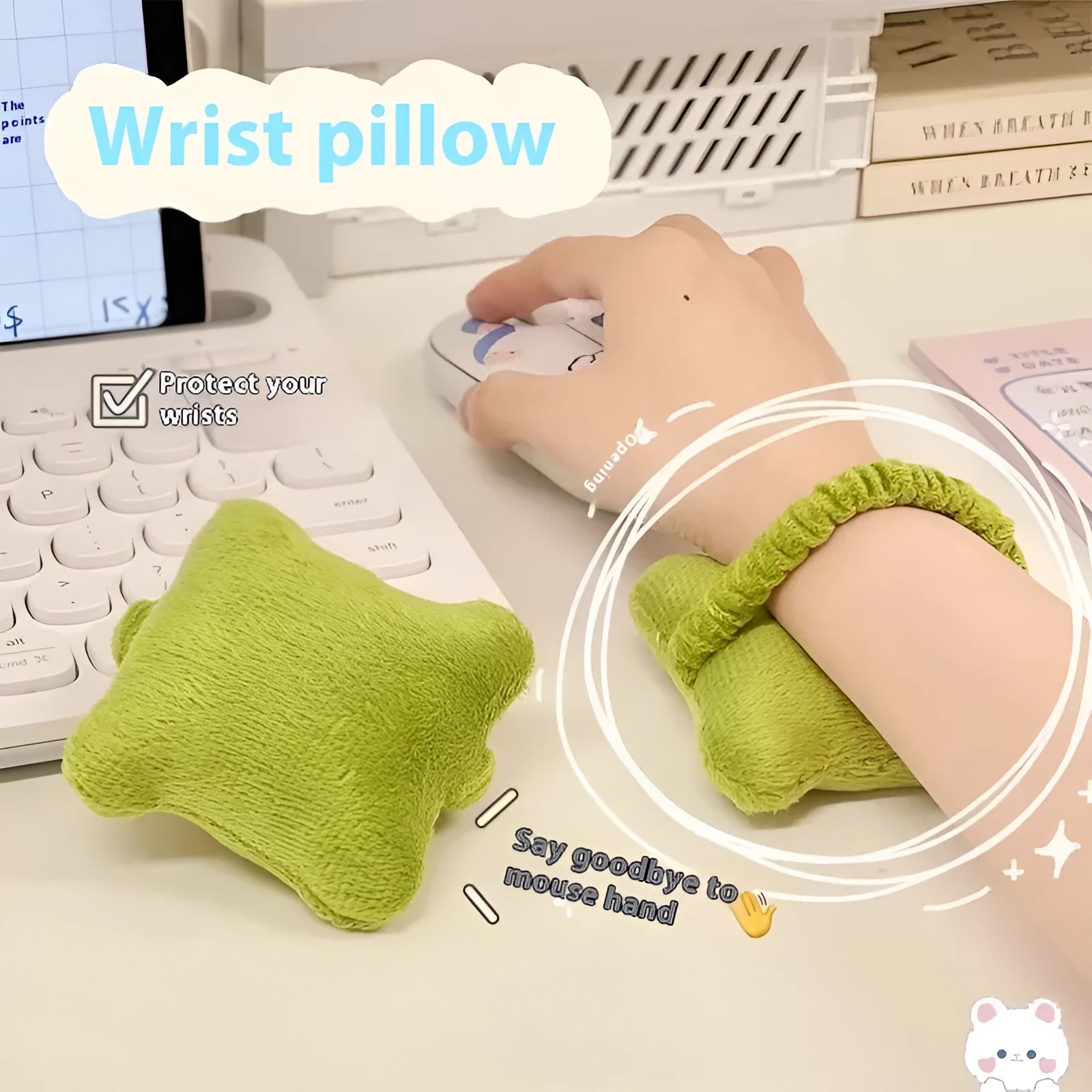 Plush mouse wrist rest protector pad in blue, green, or pink colours for keyboard typing comfort