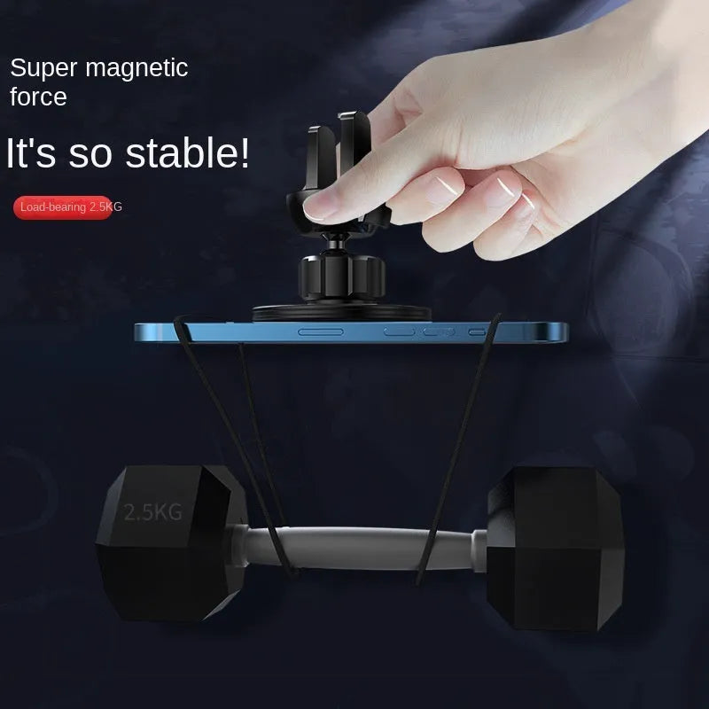 Black aluminium alloy magnetic car phone holder mounted on car air vent