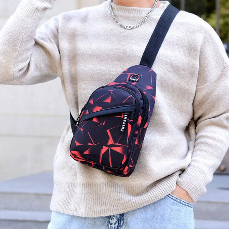 Men's blue oxford cloth sling chest bag with earphone hole and adjustable shoulder strap