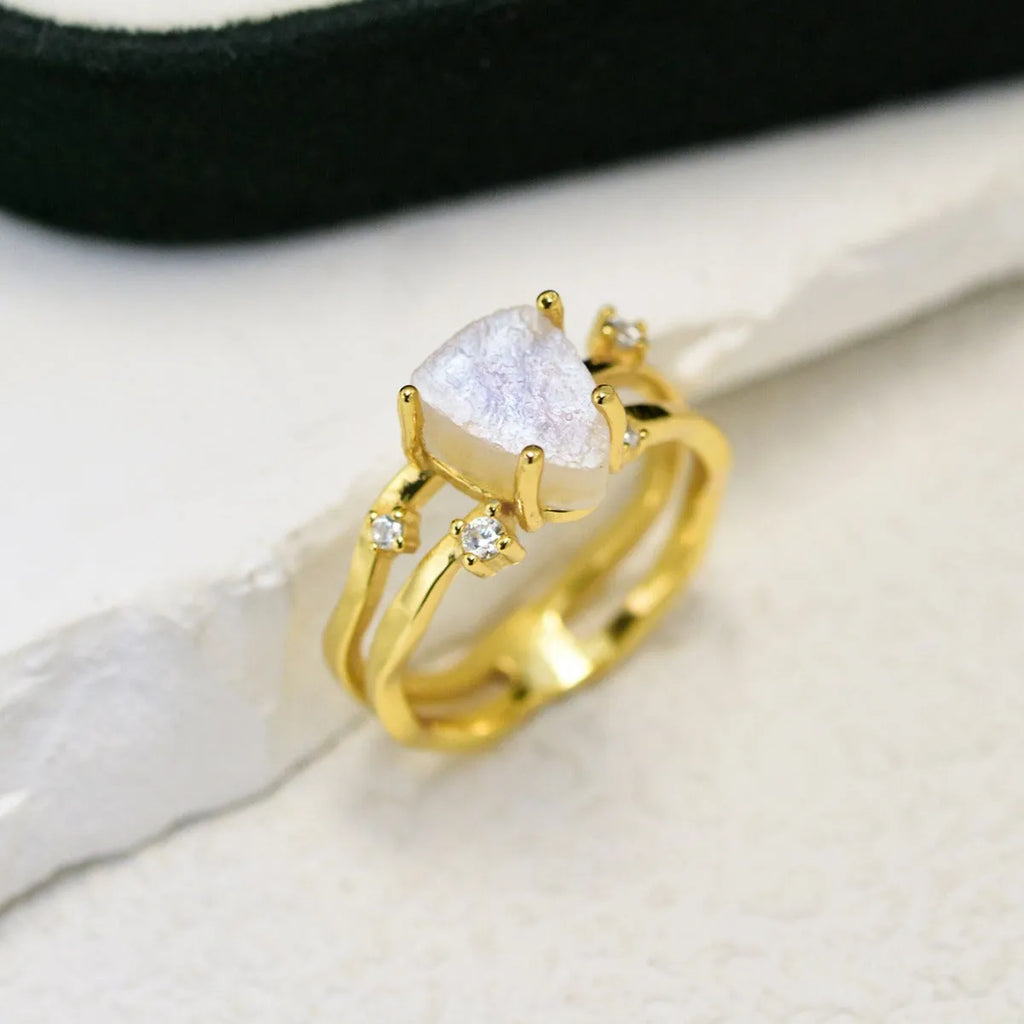 S925 sterling silver ring with an irregular triangle moonstone in rose gold, white gold, or yellow gold finish.