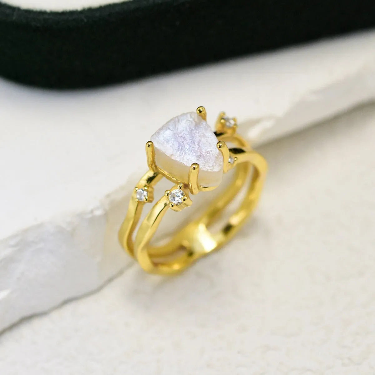 S925 sterling silver ring with an irregular triangle moonstone in rose gold, white gold, or yellow gold finish.