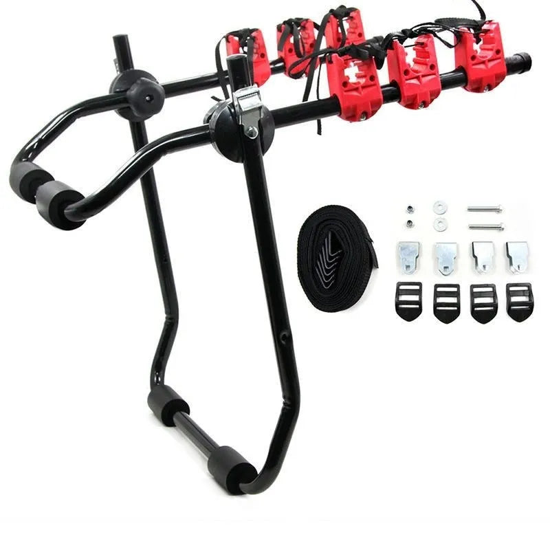 Black and red trunk mounted car bike holder rack showing tie rope and pull belt style options.