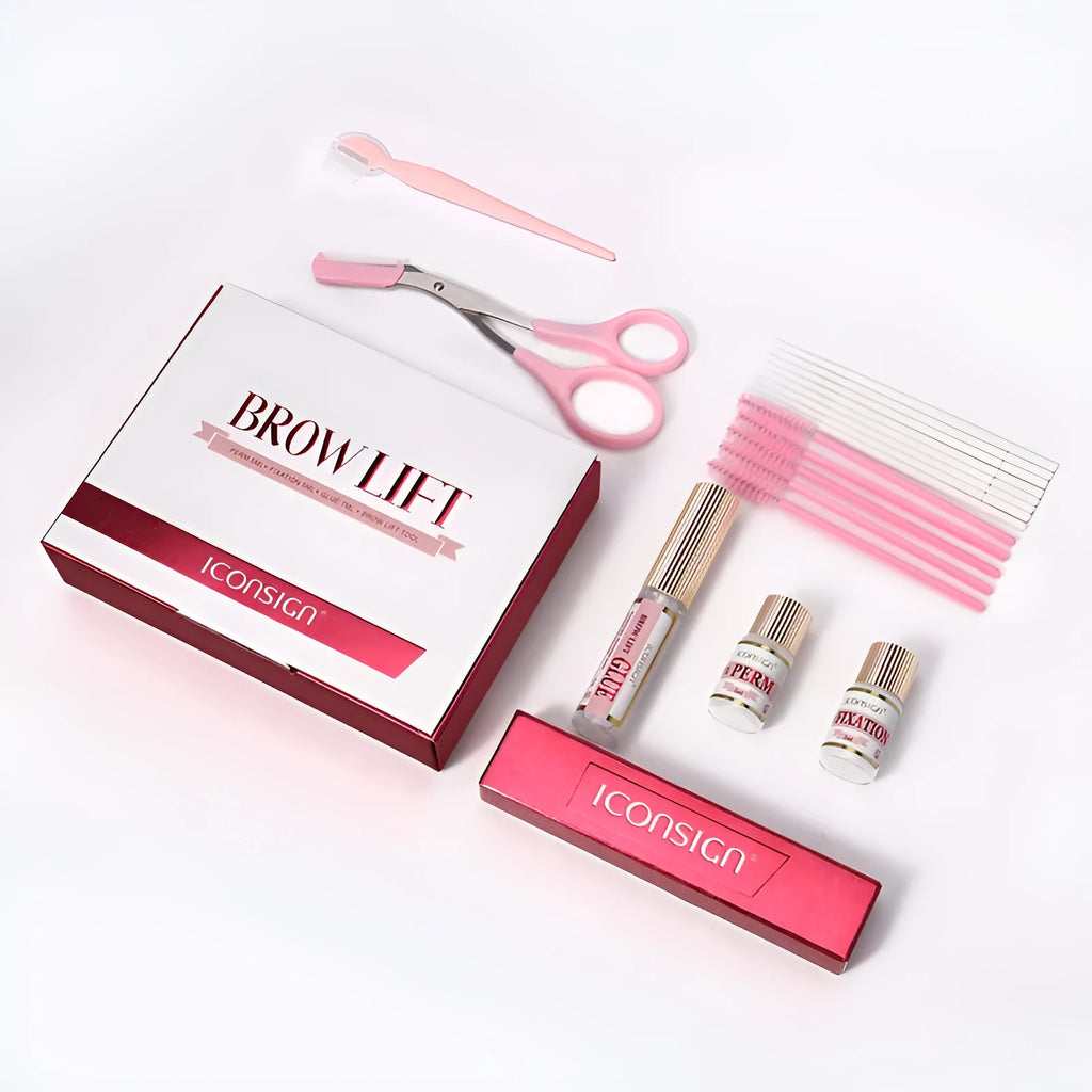 Pink eyebrow quick ironing applicator and complete eyebrow perm set in organised suit-style packaging