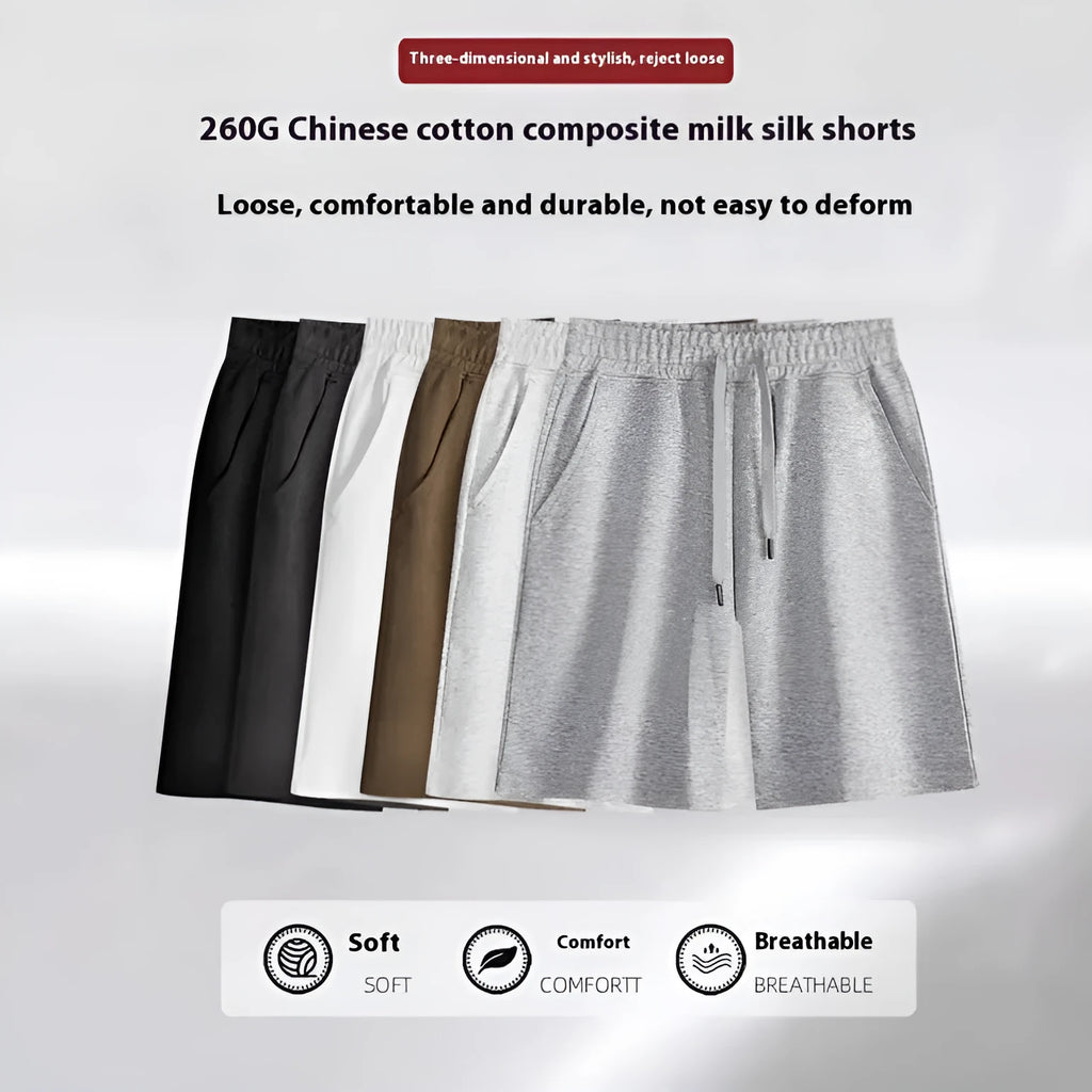 Cotton straight-leg men's shorts with elastic waistband in light grey colour.