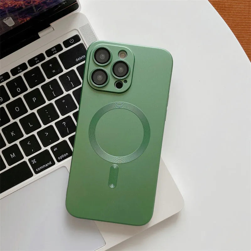 Aluminium alloy frame protective iPhone case with magnetic suction in dark purple colour with nickel piece detail