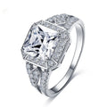 Geometric hollow zircon ring in platinum finish, quadrilateral design, women's jewellery