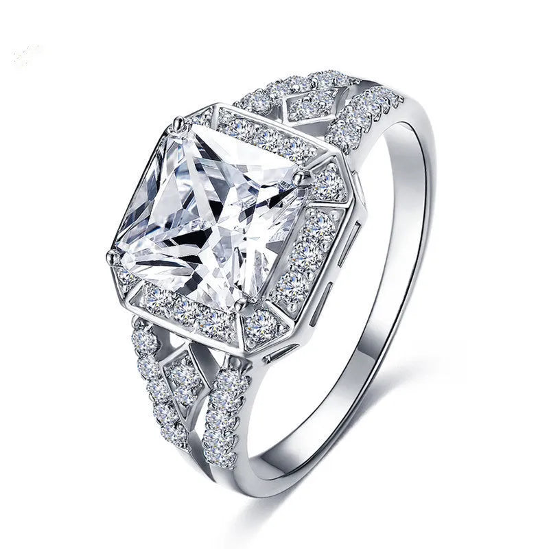 Geometric hollow zircon ring in platinum finish, quadrilateral design, women's jewellery
