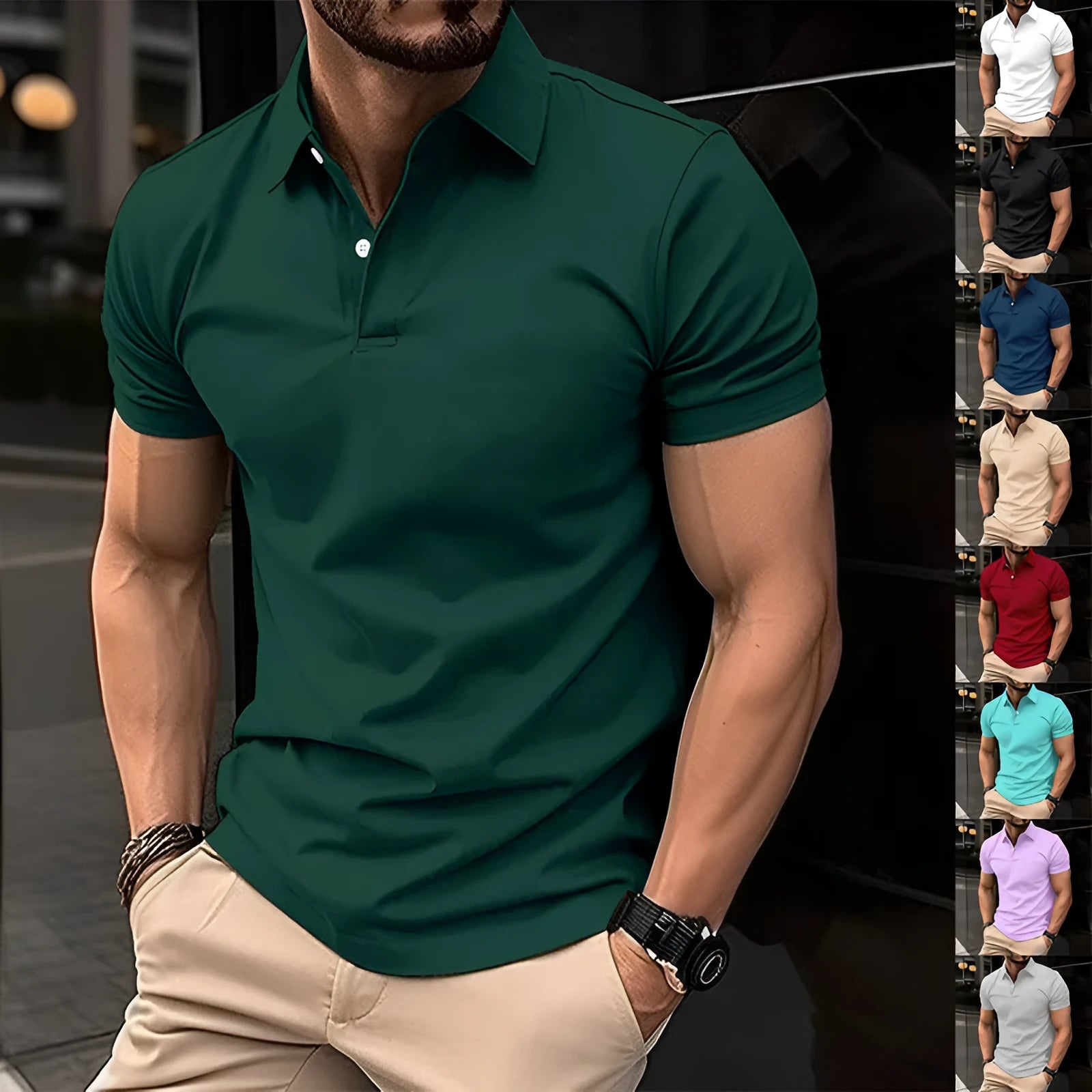 Man wearing a solid colour short sleeve polo shirt with a button lapel.