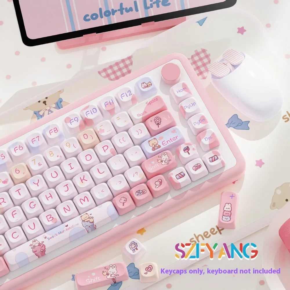 Sweet cotton candy coloured mechanical keyboard keycap set showing pastel keys for 112 and 120 key layouts.