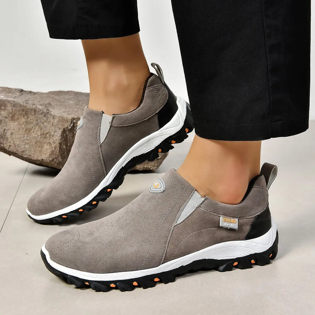 Men's grey round head oversleeve shoes with a shallow mouth and rubber sole.