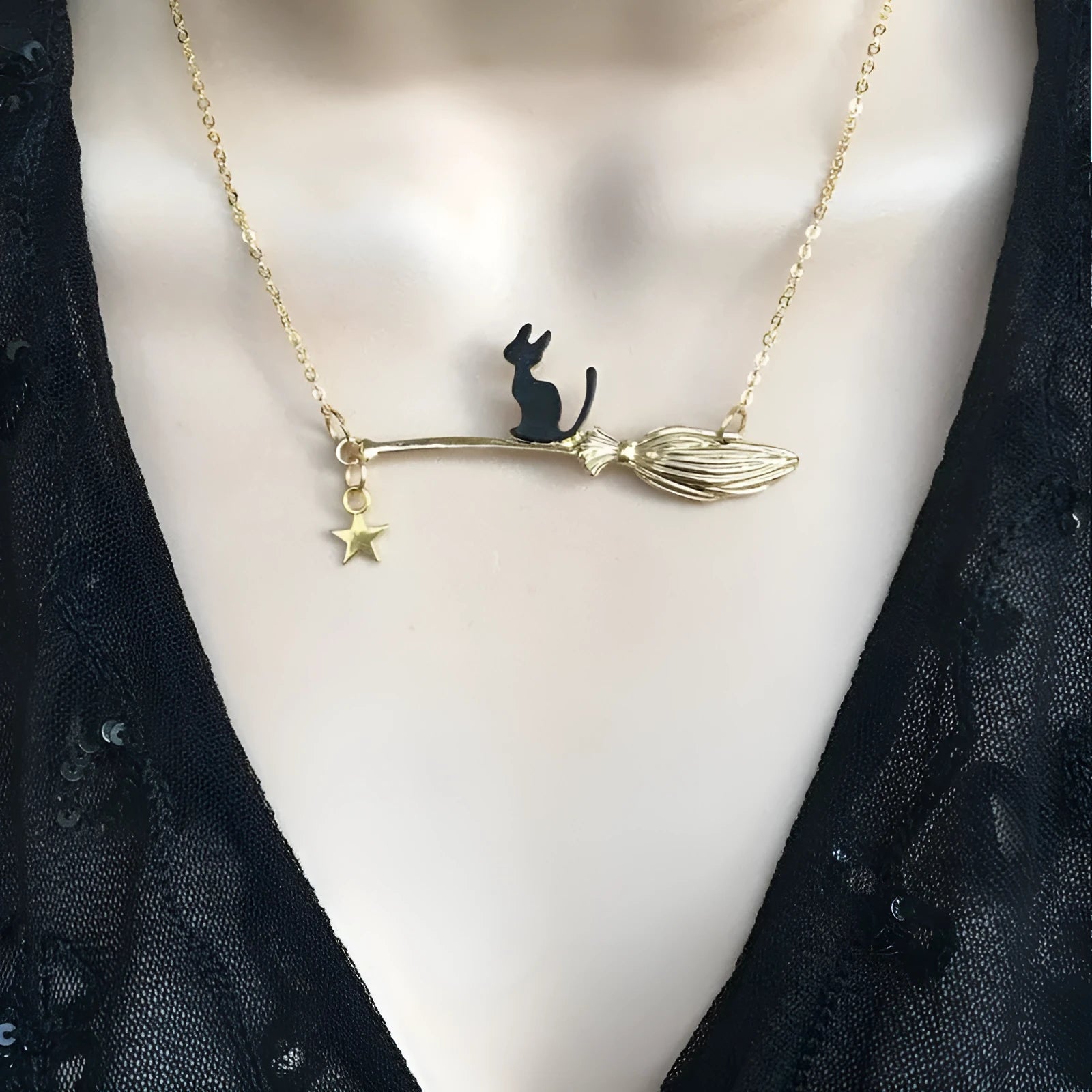 Black cat Halloween necklace pendant with alloy chain in gold and silver colour variations