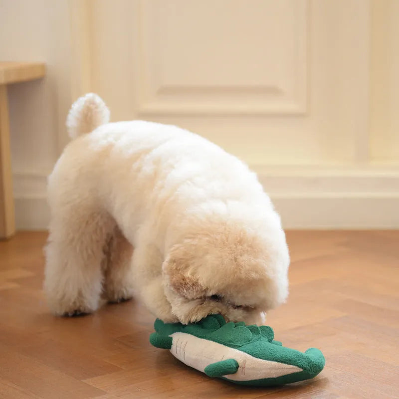 Green plush toy dog interactive pet companion measuring 35cm by 18cm