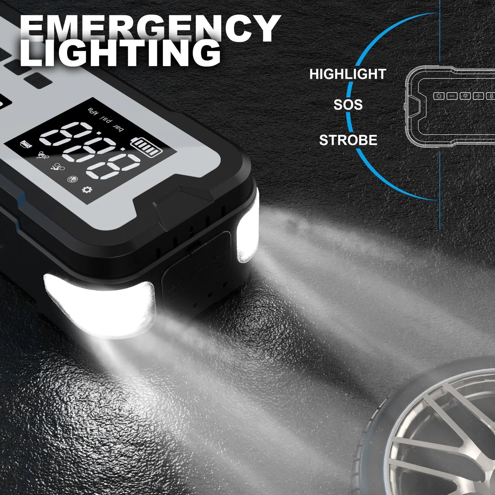 Automobile emergency start power source with clips and LED light on a grey background